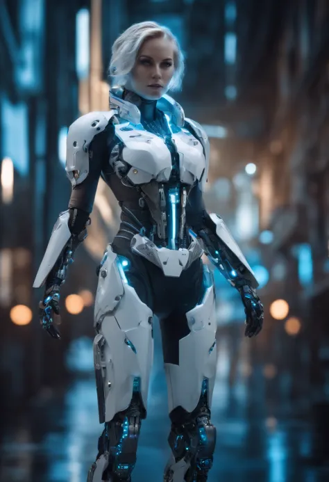 Full body photo of white female cyborg, cyberpunk, mechanical, blue eyes glowing, metal surface, invisible circuit, (paper cut style)