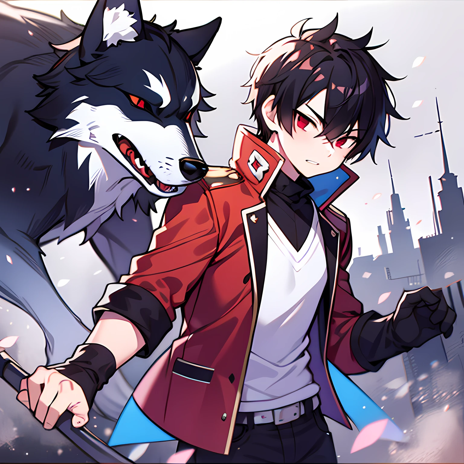 A boy with short fluffy hair and red eyes, with a wolf-like characteristics,