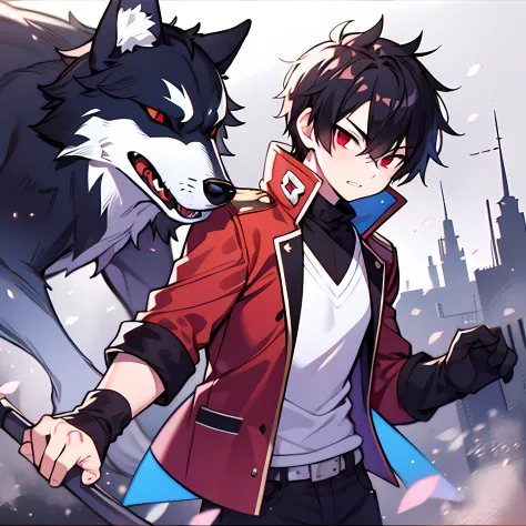 a boy with short fluffy hair and red eyes, with a wolf-like characteristics,