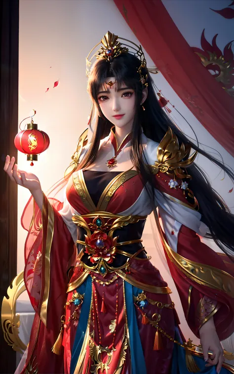 Golden royal dress，red color Hanfu，Silk material，ellegance，Unique charm，Graceful posture，Sexy lines，exquisite design，high-necked...