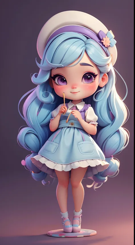 Create a series of cute chibi style dolls with the theme of cute painters, Each has a lot of detail and 8K resolution. All dolls should follow the same painted wallpaper pattern，And finish in the image, Pubic Area Showing (full bodyesbian, including legs: ...