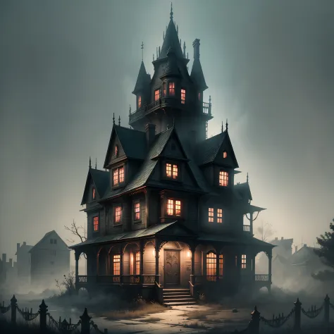 Create an image of a haunted house, with horror game style , realistic, ultra high definition