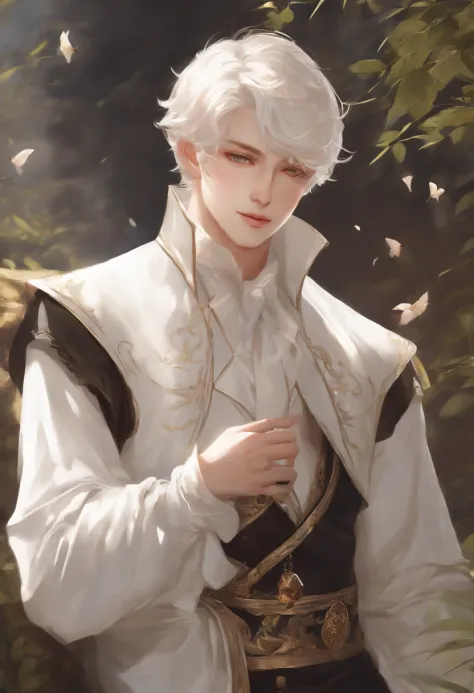 Delicate face, Downshot, Thick Acrylic, Illustration pixiv, by Kawassie, John Singer, Sargent, masutepiece, Upper body, king, One, Boy, Two hands, White eyes, white short hair,, pale white skin, Beautiful face, God Light, white, Shirt, Rich details, High q...