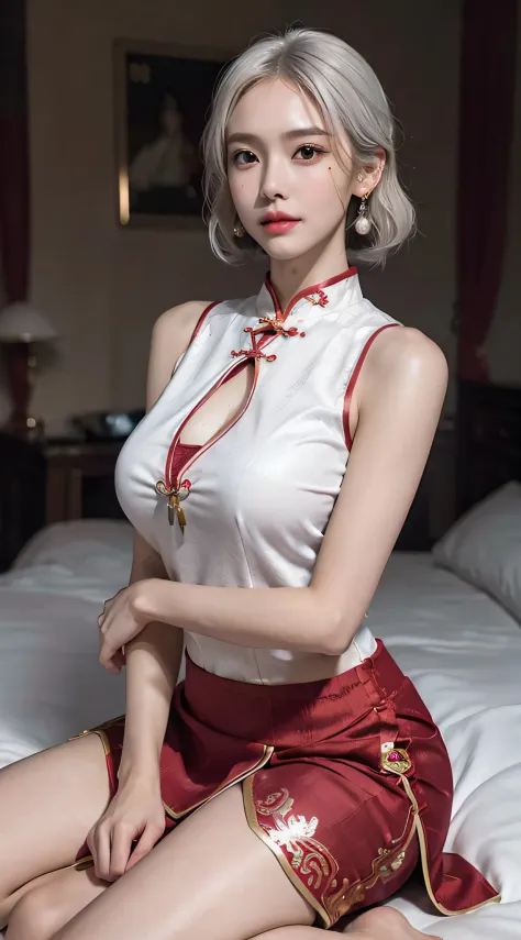 (very huge round breasts:1.5), (full body:1.5), (white bronze hair:1.3), (whole red Cheongsam, Slit skirt:1.4), extremely delica...