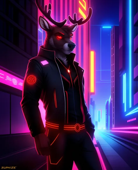 cyberpunk, portrait, male black reindeer, red neon eyes, wearing stylish [black|red] clothes standing in a city, (sunrize:1.4), ...