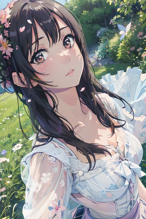 Anime girl with flowers in hair standing in the field, Beautiful Anime Portrait, Beautiful anime girl, Beautiful anime, guweiz, ...