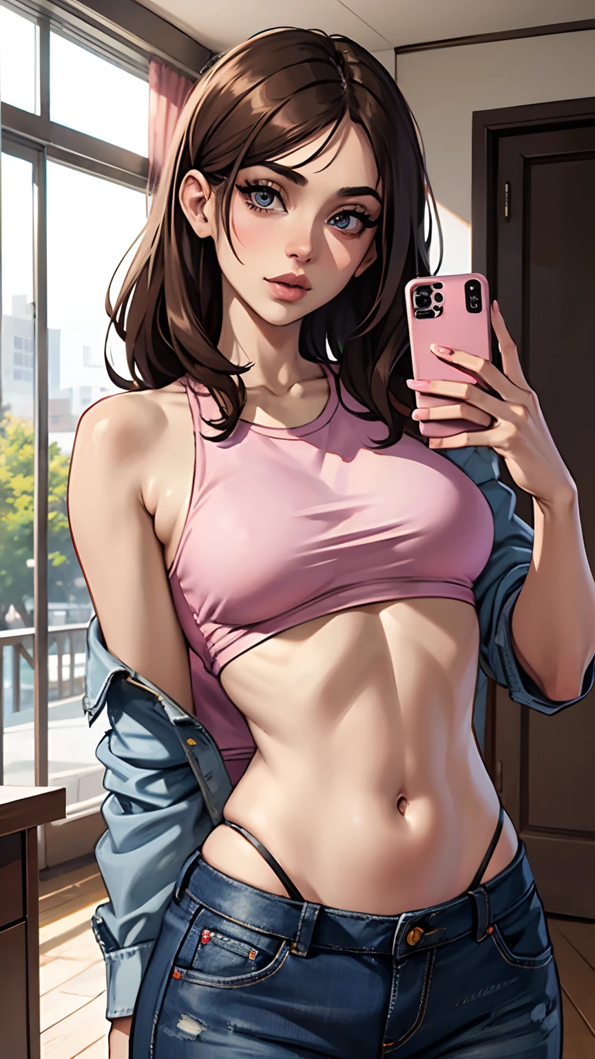 Anime girl with a pink top and jeans taking a selfie - SeaArt AI