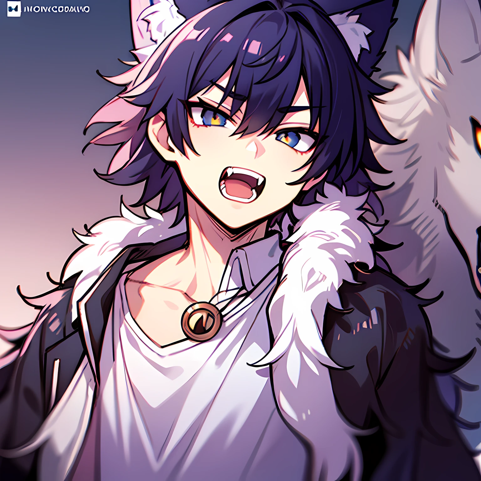 wolf boy, manhwa uke, open mouth, wolf fangs, short hair, messy hair, slit irises,