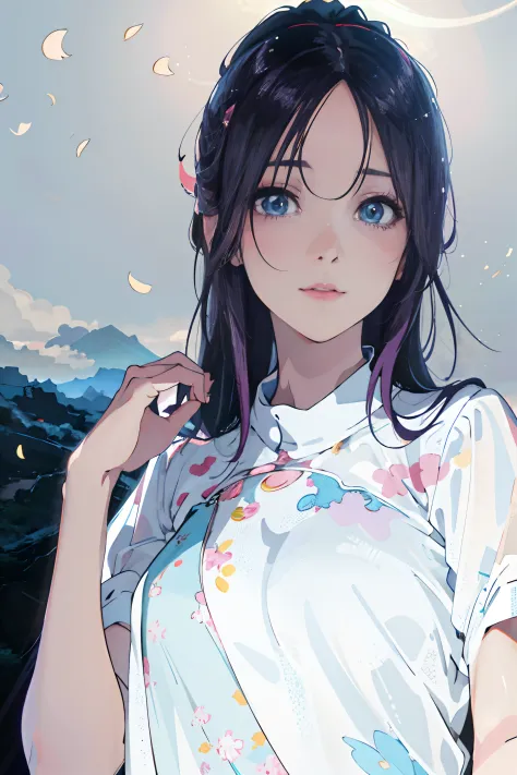 Anime girl with purple hair and blue eyes standing in front of a mountain, artwork in the style of guweiz, Beautiful Anime Portr...