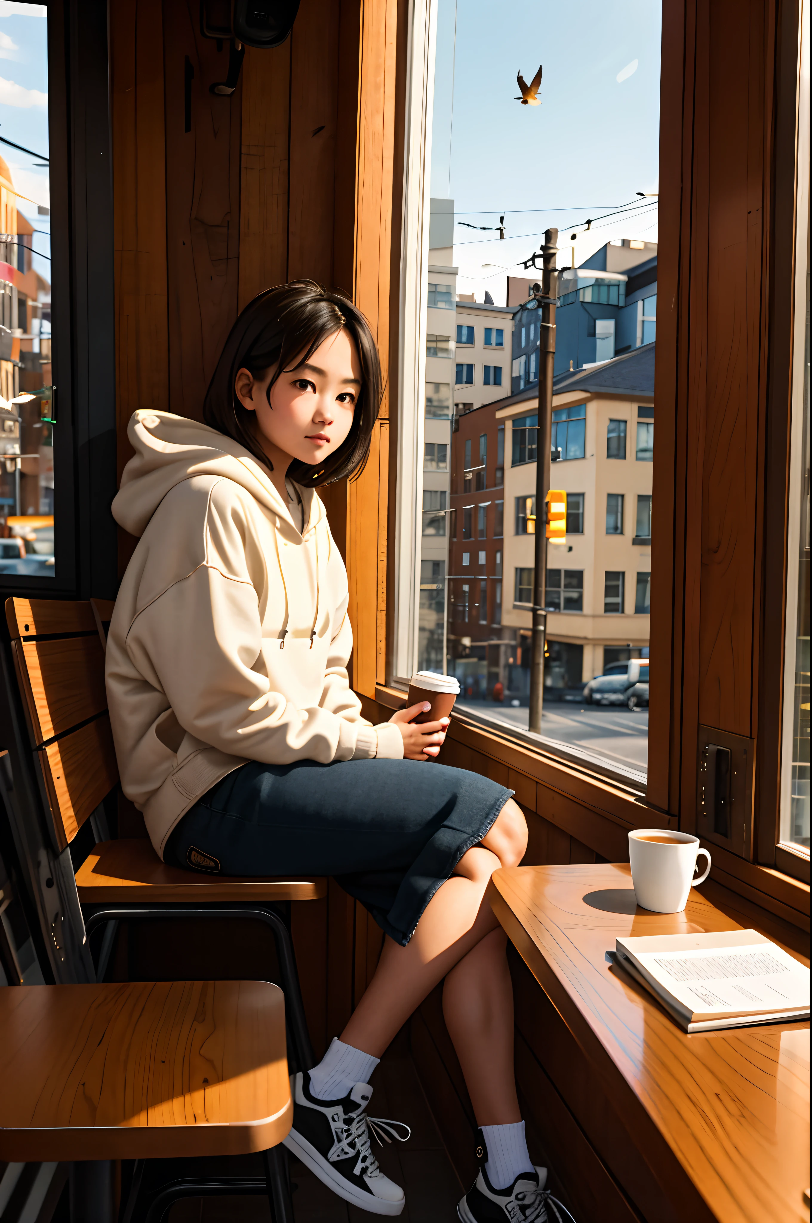 In a coffee shop on the side of the street，girl，sitting beside the window，Leaning on your hand，desks，Look at the birds on the telephone pole outside the window,hoody，tmasterpiece，A detailed，high qulity，warm color，grain sense