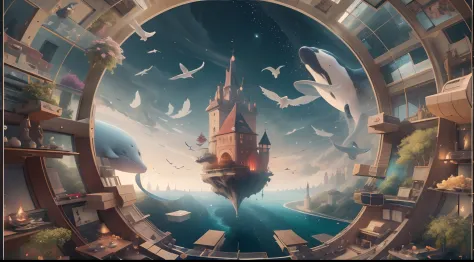 fantasy moving castle, with wheel, ((tank)), (giant whales carry towering dreamy ancient castles), swim in the sky, a flock of s...