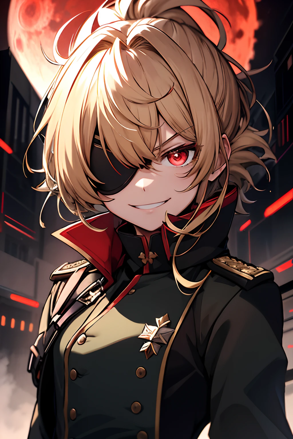 (​masterpiece,top-quality:1.1), 1girl solo, Guillotine NIKKE, 1girl in, 独奏, 小柄, flat-chest, Military, Black color military uniform, a blond, Black eye patch for the right eye, evil smile, Evil look, irate, red eyes, Neutral lighting,Red Moon