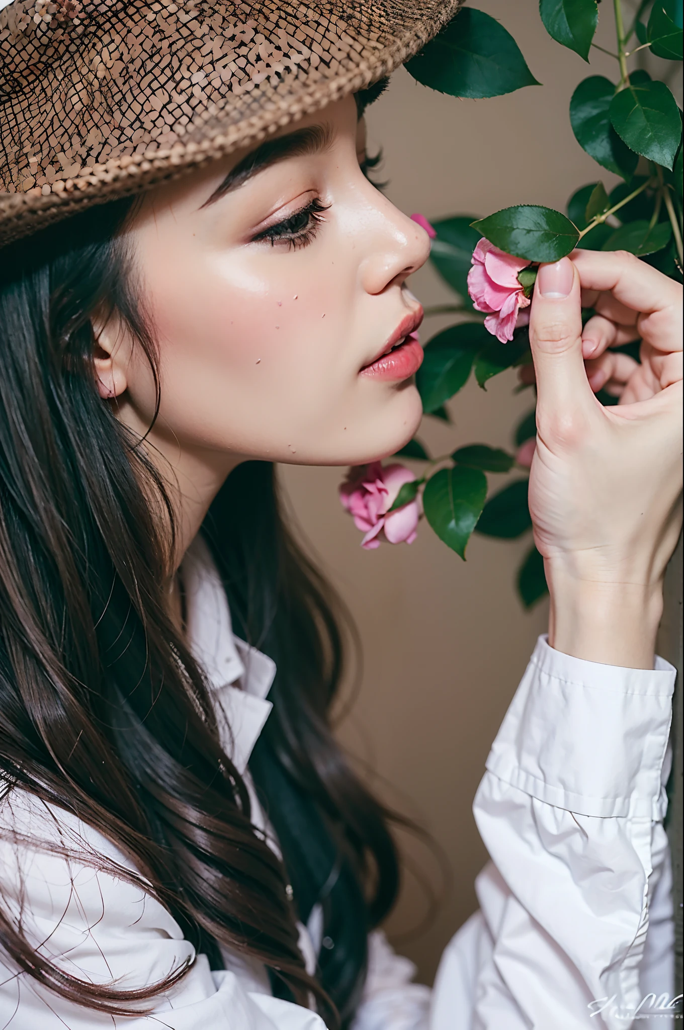 A close up of a woman holding a flower in her hand - SeaArt AI