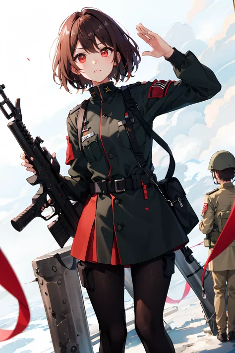 brunette color hair，red - eyed，army suit，quadratic element，Germany，Cold