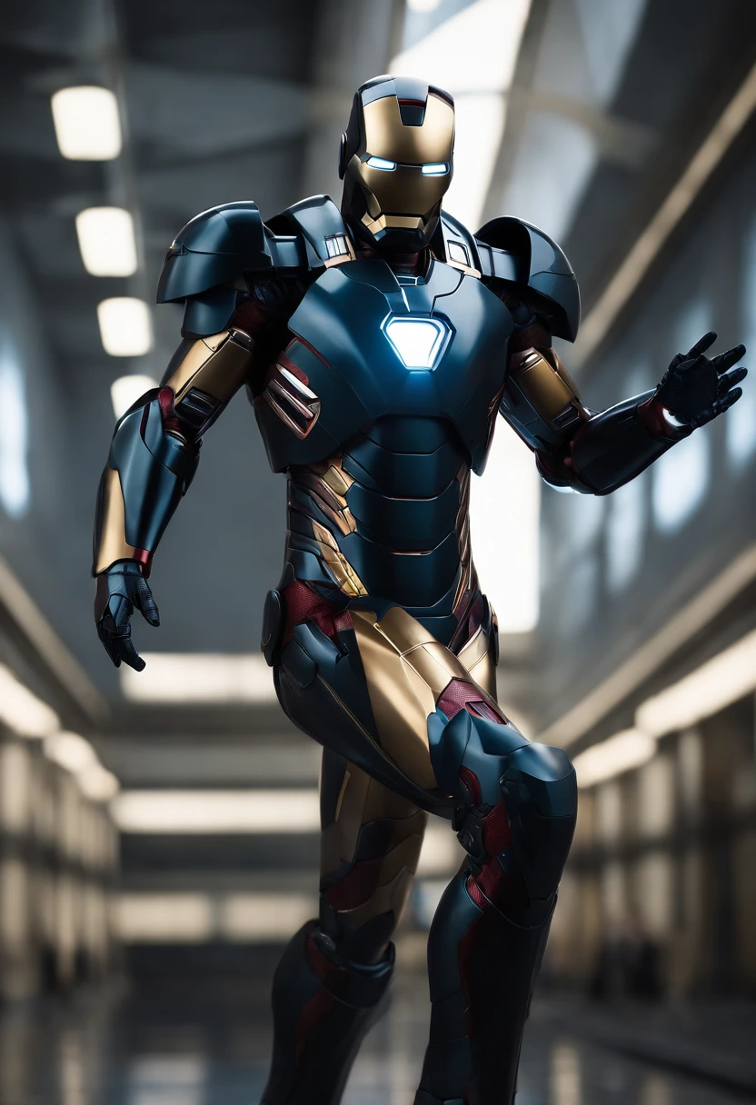 a highly realistic image of Iron Man: "Generate an ultra-super realistic image of Iron Man wearing his newly black blue polished, gleaming suit of armor. He's engaged in a high-tech task, with a 3D hologram display projecting intricate schematics and data around him. The details of his armor, from the reflections to the fine textures, should be incredibly lifelike. Place him in a state-of-the-art, futuristic environment with a perfect background that complements the high-tech vibe, capturing the essence of Iron Man's genius at work." (Perfect armour), (full body armour), ((remove helmet)), perfect hands,mecha musume