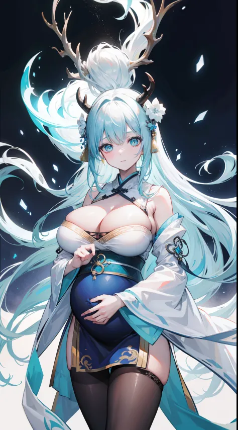 Depressing text，ssmile，Dragon's horn，deer antlers，Dragon tail，Portrait，Realistic effect，Female pervert，White-haired girl，Messy hair，Ancient wind，cyan colors，cyan colors，Cyan Hanfu(Delicate and mysterious antique patterns)，high-heels，The expression after th...