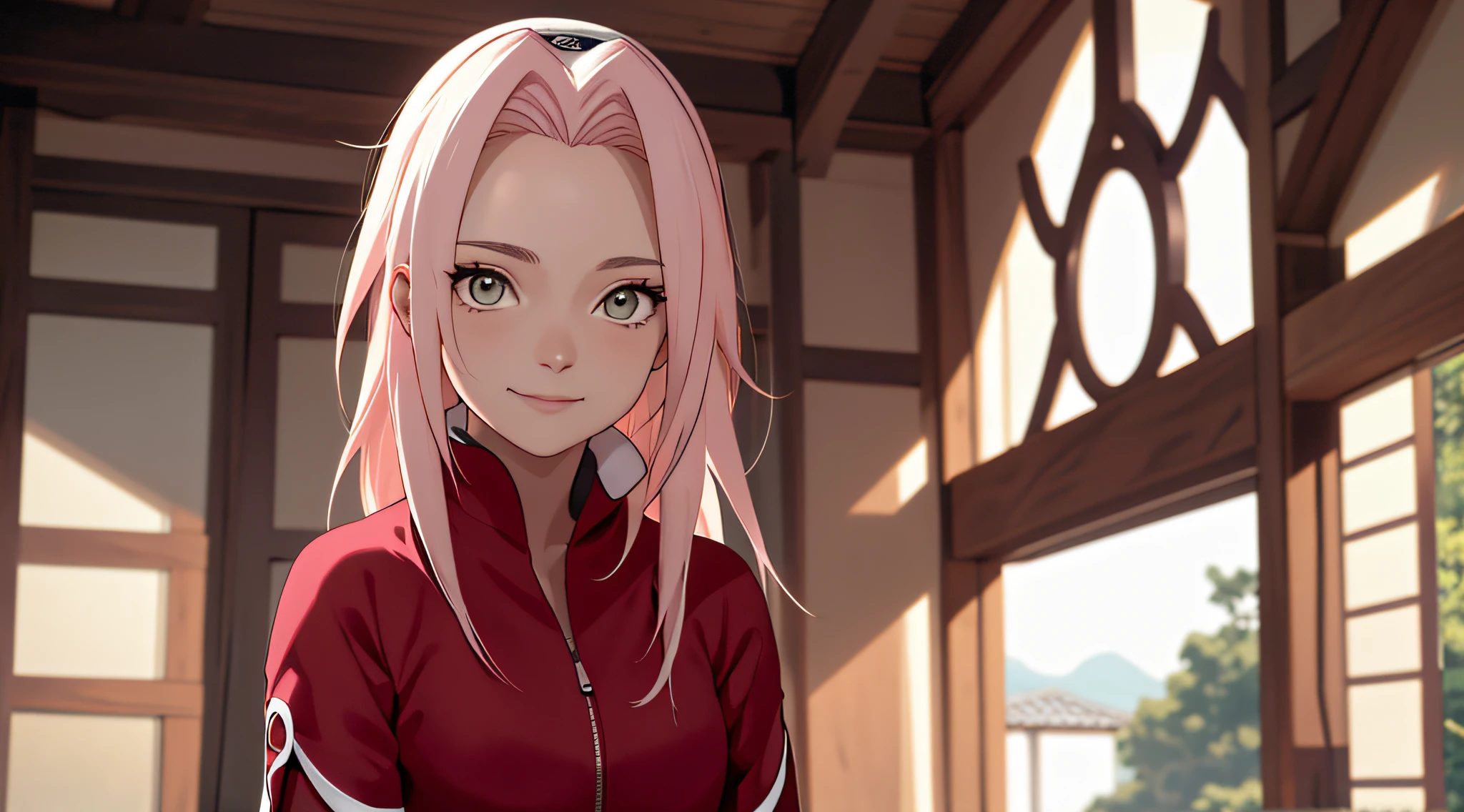 tmasterpiece， Best quality at best， 1girll， sakura haruno， breasts big，Off-the-shoulder attire，（cleaveage)，（Upper body closeup)，Raised sexy，is shy，ssmile，with pink hair， long, whitish hair， （Green eyeballs:1.4)， Forehead Protection， the cherry trees，Cherry blossoms flying，Red clothing，Zipper half