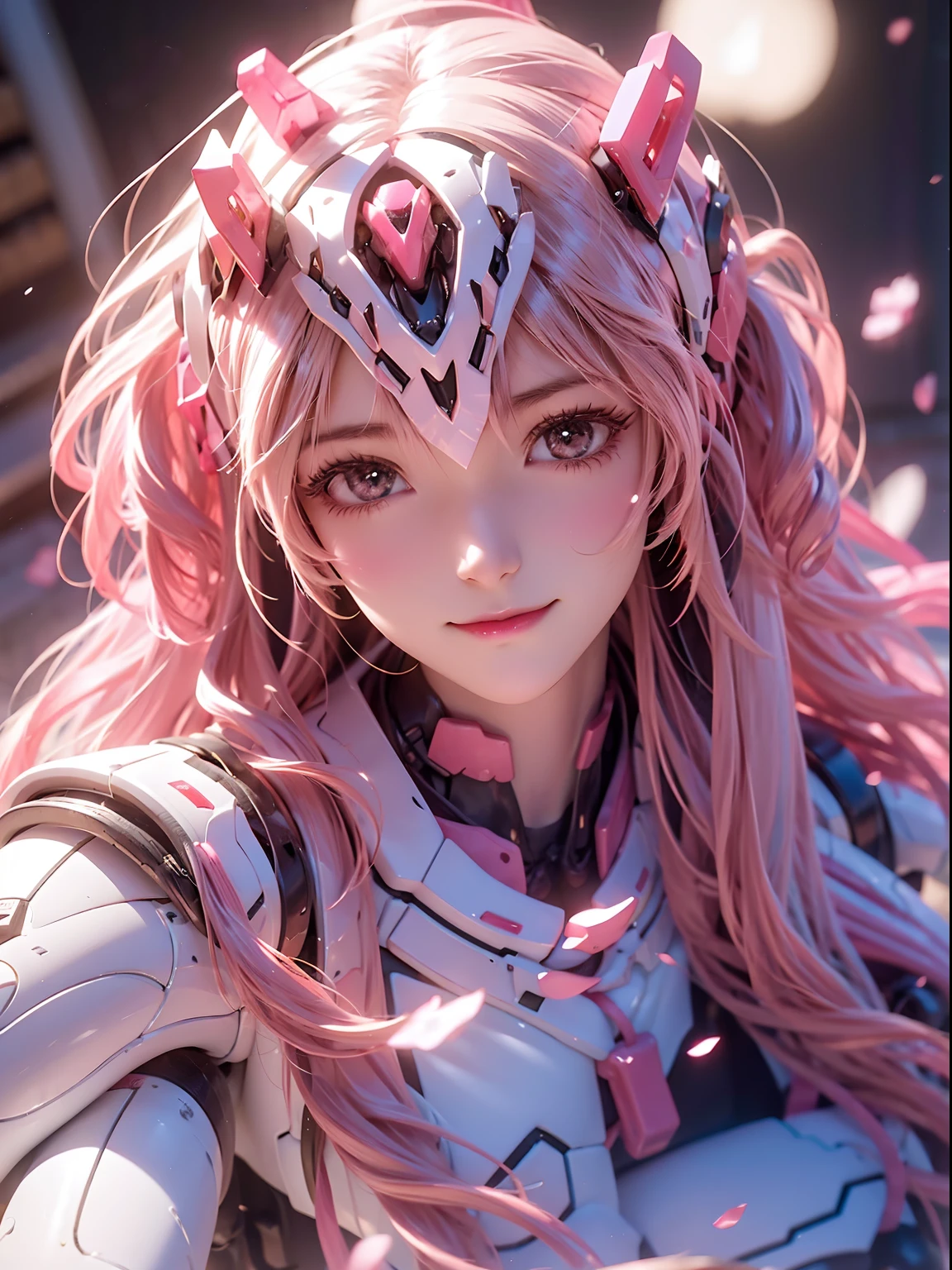 1girll, full bodyesbian，sitted，Dramatic lighting,Pink Mecha,Honey Mecha，White-pink mech，Pink Long Hair，long whitr hair，Poor milk，The clothes fit the body，Snow-white skin，loli face，The most delicate face，Bare thighs，8K wallpaper，tmasterpiece，Best quality at best，ssmile，the feet，Feet on the bear，Bear pillows