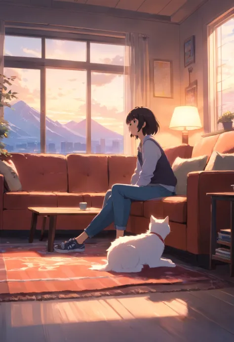 a room，mtu，woman，sitting in the couch，A black and white Alaska dog lay on the ground looking at the two of them，A white cat stands on the windowsill