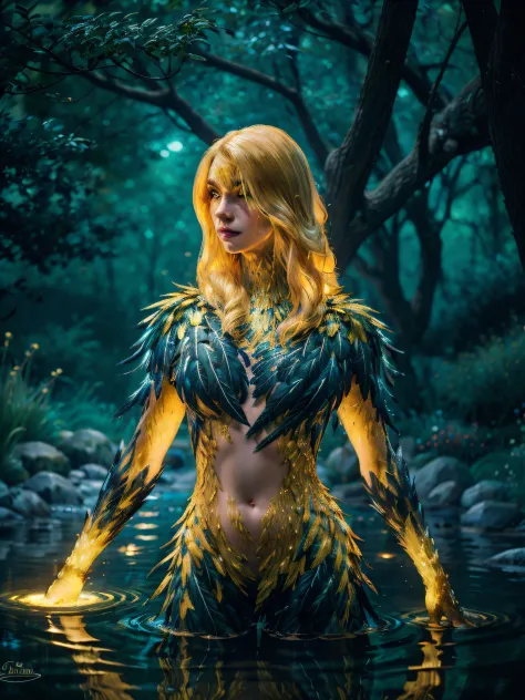 (masterpiece, best quality:1.2), vivienneW3_soul3142, upper body, 1girl, solo, long hair, blonde hair, feathers, monster girl, water, partially submerged, glowing hands, outdoors, tree, night, glowing, nature, forest
