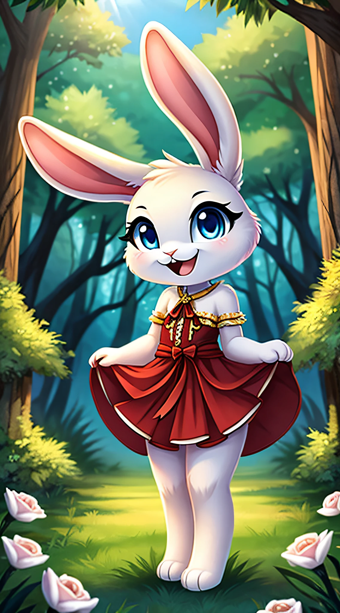 zoomed out image, fantasy style art, cute, adorable, short character, small, tiny little fluffy female white bunny with blue eyes, 4 ears, 2 extra ears, big floppy ears, long ears, ears perked up, raised ears, long eyelashes, poofy rabbit tail, wearing a red frilly ribbon dress, smiling, standing in a forest, big expressive smile, open mouth, wide eyes, excited eyes, excited face, stunning visuals, sunlight coming through the trees, white flowers scattered in the bushes, digital illustration