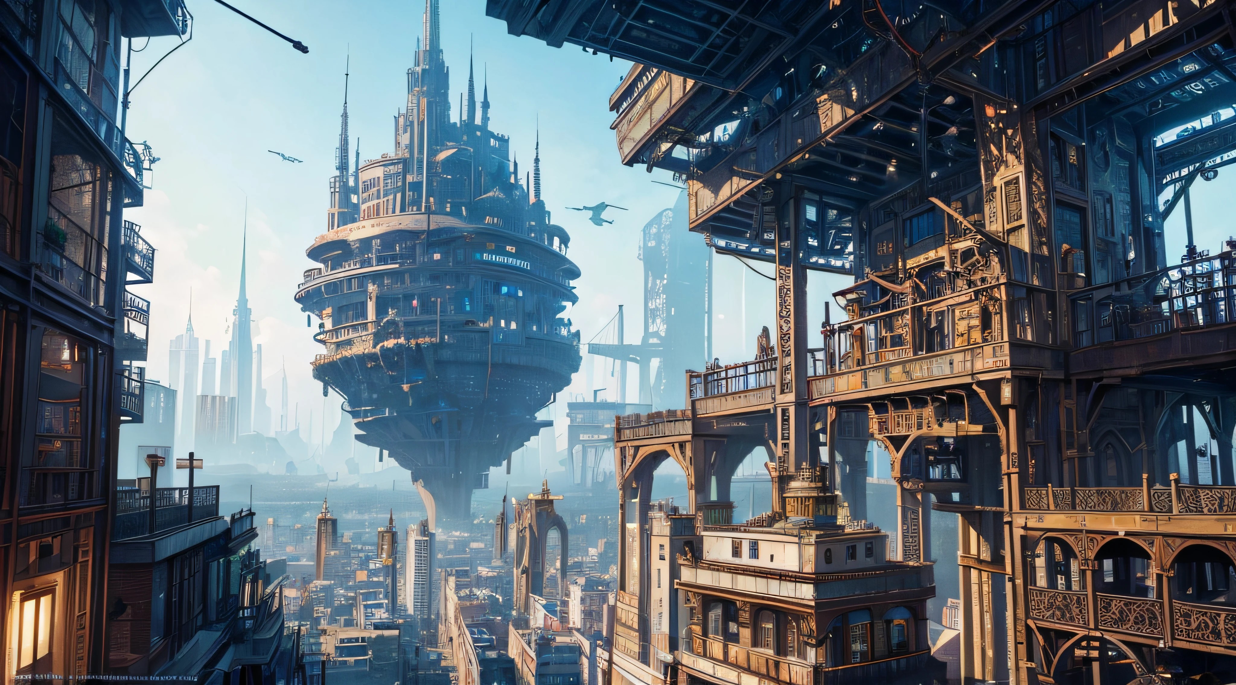 ((Best quality)), ((masterpiece)), (detailed),A vibrant and imaginative {digital painting} depicting a {fantasy cityscape} set in a {steampunk} world. The {city} should be filled with towering {mechanical structures} adorned with gears, pipes, and intricate details. The {streets} should be bustling with {flying airships} and {steam-powered vehicles}. The {color palette} should consist of {rich metallic tones} combined with pops of {bright and vivid colors}. The {art style} should be influenced by the works of {H.R. Giger} and {Hayao Miyazaki}, blending elements of {surrealism} and {cyberpunk}. The {camera} should capture the city from a {high angle} to showcase its sprawling complexity.

Art Inspirations: Art Station (steampunk artists), H.R. Giger, Hayao Miyazaki
Render Style: Surrealism, cyberpunk, vivid colors
Camera Shot: High angle
Camera Lens: Fish-eye lens
View: Overhead