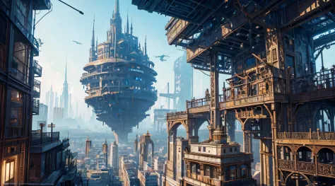 ((Best quality)), ((masterpiece)), (detailed),A vibrant and imaginative {digital painting} depicting a {fantasy cityscape} set in a {steampunk} world. The {city} should be filled with towering {mechanical structures} adorned with gears, pipes, and intricat...