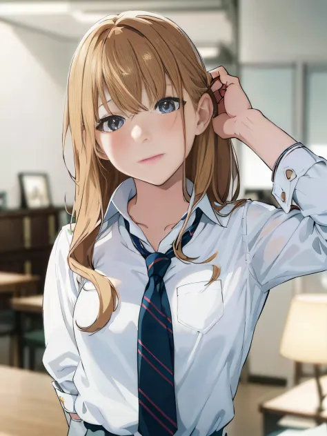 Anime girl with long blonde hair in white shirt and blue tie, Realistic Schoolgirl, a hyperrealistic schoolgirl, a hyperrealistic schoolgirl, Fine details. girls' frontline, beautiful anime high school girl, Anime visuals of cute girls, Smooth Anime CG Art...