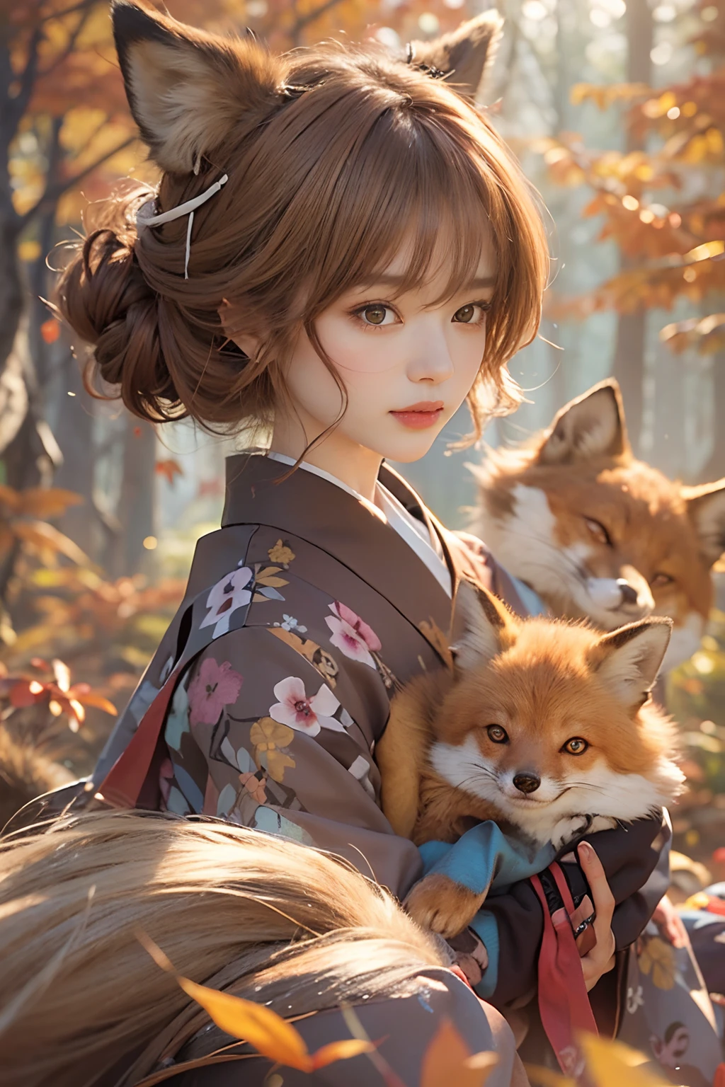 Two-shot photo of a girl and a fox,(Fantasia,Kitsune Yokai Four-Tailed Heavenly Fox,),(Girl and Fox Yokai: The Tale of the Four-Tailed Heavenly Fox),
(With a girl bent down deep in the forest and looking up,Fox Yokai Two-shot movie of a fox protecting a girl's back Poster of the four-tailed heavenly fox),
(natural soft light.)(Sunlight,),(Sunlight,),(Professional Lighting.),
(glossy light brown and orange two-tone color,,,,,,,,,,,,,Wave Shortcut Hair,disheveled hair,),japanese kimono,Geta,Cute round face red lipstick,A cute smile that makes the viewer happy,
autumn forest,Strong wind soaring over dead leaves
Digital Illustration,
(Photorealsitic:1.3),(Raw photo.),
(masutepiece,top-quality,Ultra-high resolution output image,)
(The 8k quality,),(Image Mode Ultra HD,),(Image Mode Ultra HD,),(Sea Art 2.1:1.3,),Japan Anime Fantasy,