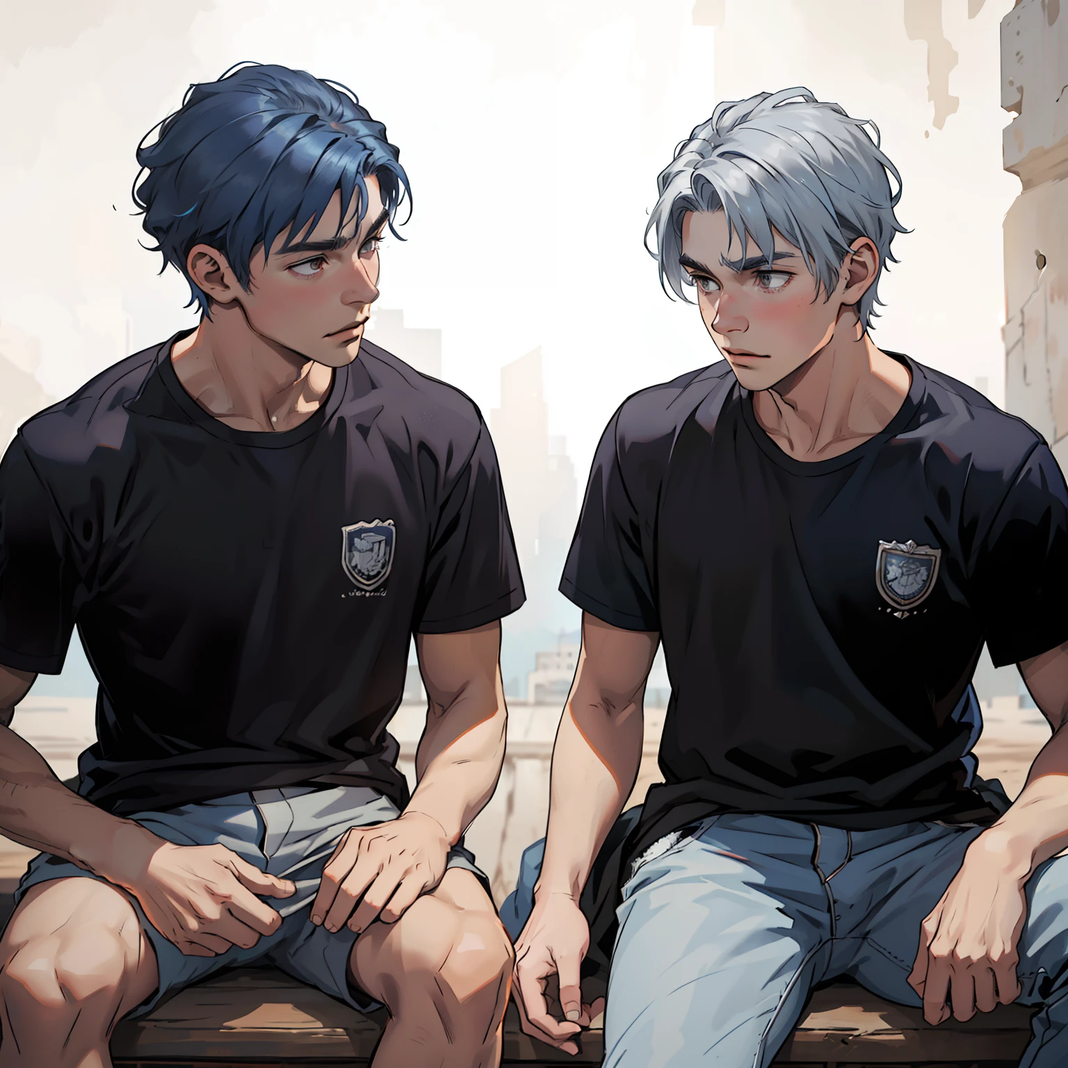 In the background is a silver city Two 15-year-old teenage friends with blue hair, With Latin skin and light gray hair on the outskirts of a large silver city they are talking about an important topic they are friends almost like brothers..........