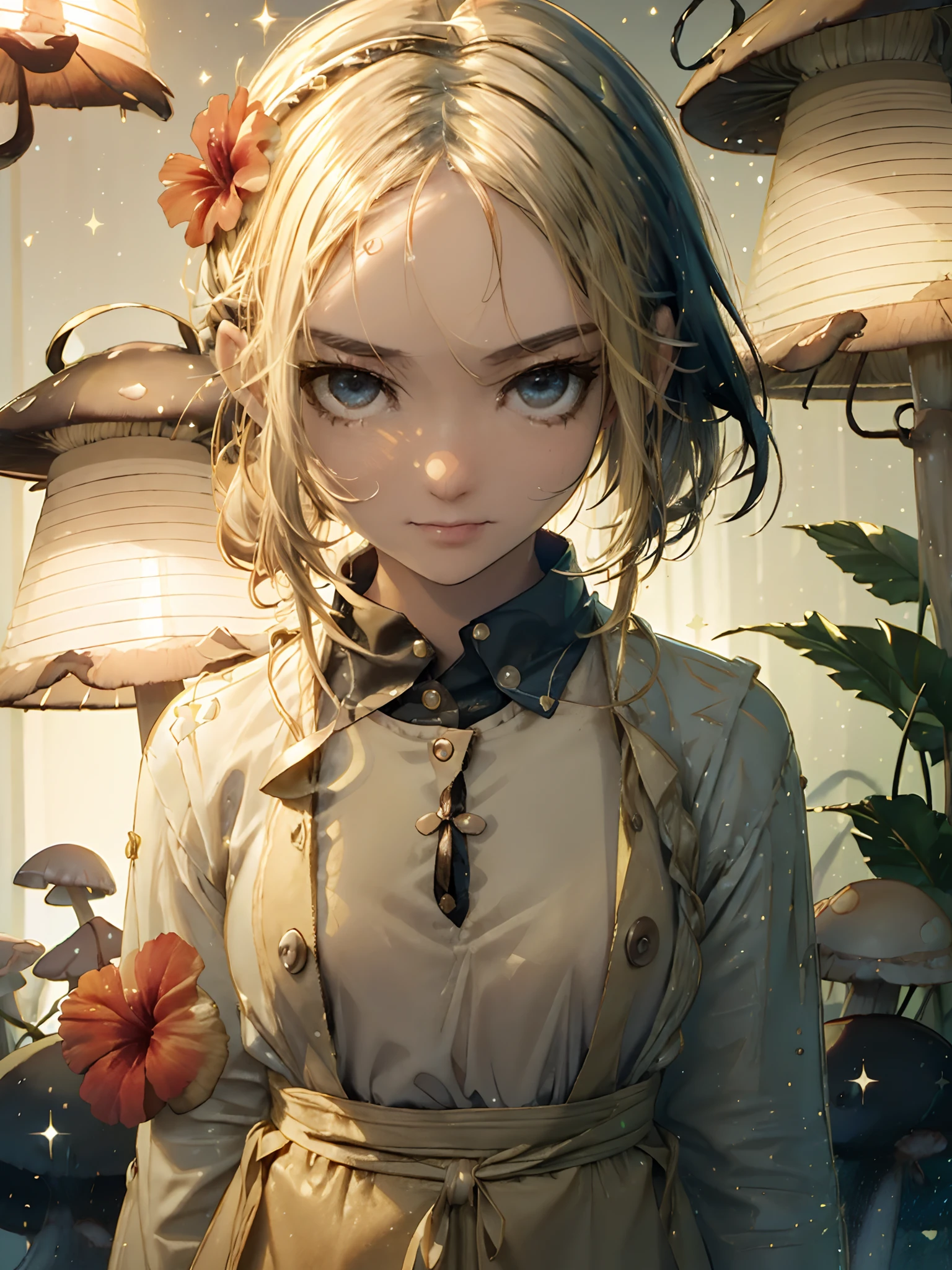 (cute girl), (mushroom earring), (starly eyes:1.2), (sparkle skin:1.2), (gold hair, ponytail:1.2), (cozy mood:1.2), (smile), open mouth, (number 1 pose), break
medium breast, (wearing polo shirt and GARCON apron:1.2), (brassiere), (mushroom on head:1.3), (from below:0.2), looking viewer, (focus face:1.2), (close-up), standing, break
aquarium, chair, bag, accessories, jewelry,
(hyperrealistic, raw photo), (hibiscus lantern, lamp:1.3), (photo luminescence:1.3), (fluorescence:1.3),