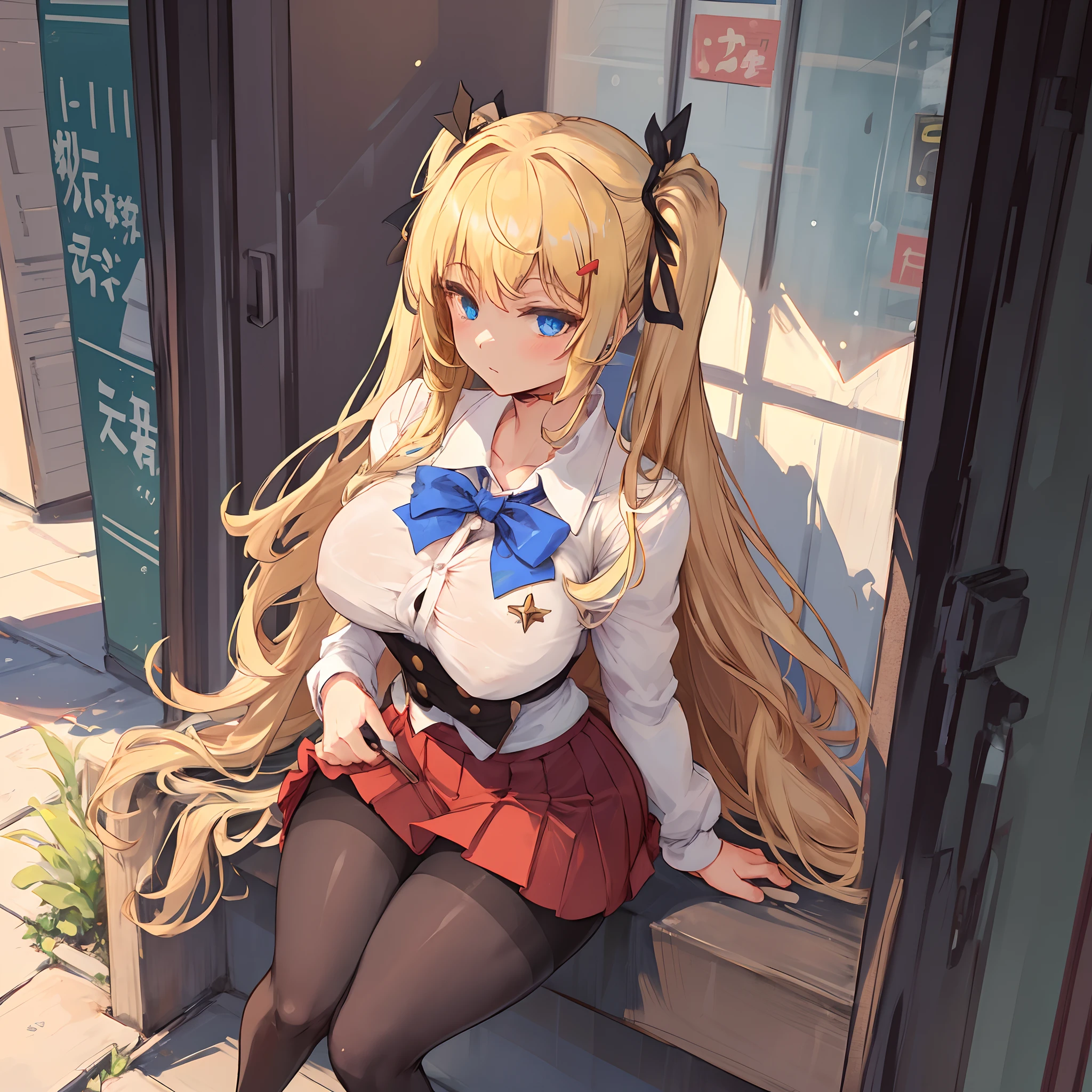 Anime girl with long blonde hair sitting on a window ledge - SeaArt AI