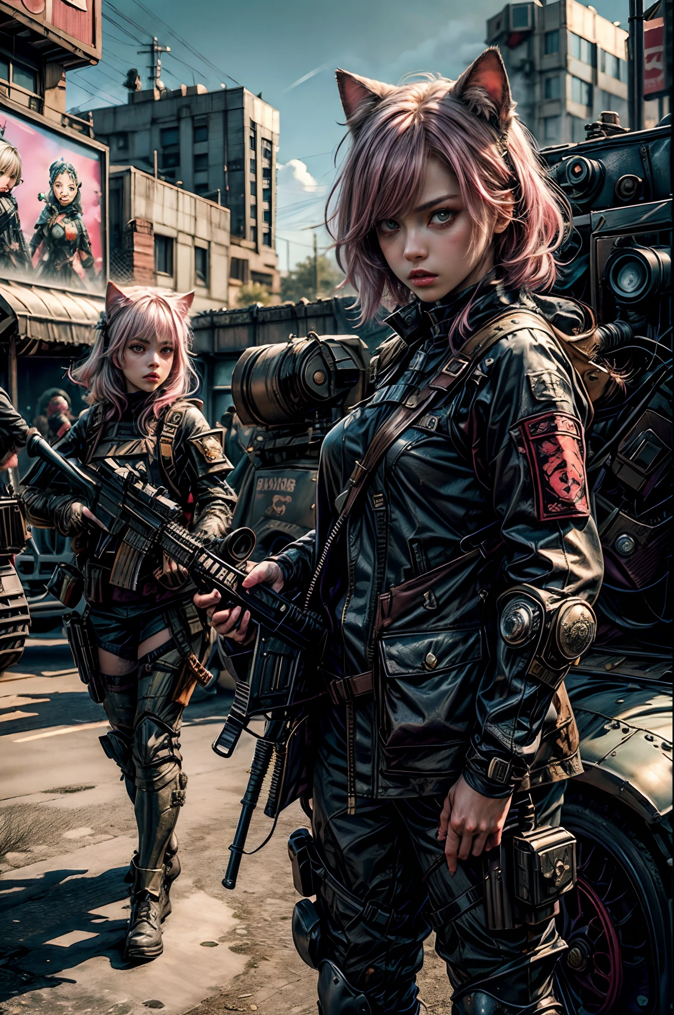 best quality , masterpiece, 4females, kawaii girls with assault rifles in a battle field, in full set of swat armor, kawaii, cute clothes, detailed face, holding gun, assault rifle, military uniform, ((aiming gun at viewer)), depth of field, angry looking. pink hair, white hair, cat ears