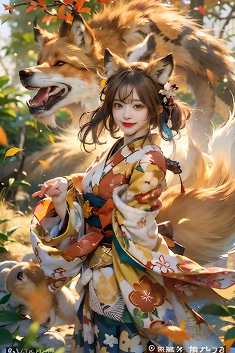 Two-shot photo of a girl and a fox,(Fantasia,Kitsune Yokai Four-Tailed Heavenly Fox,),(Smiling Girl and Fox Youkai: The Tale of ...