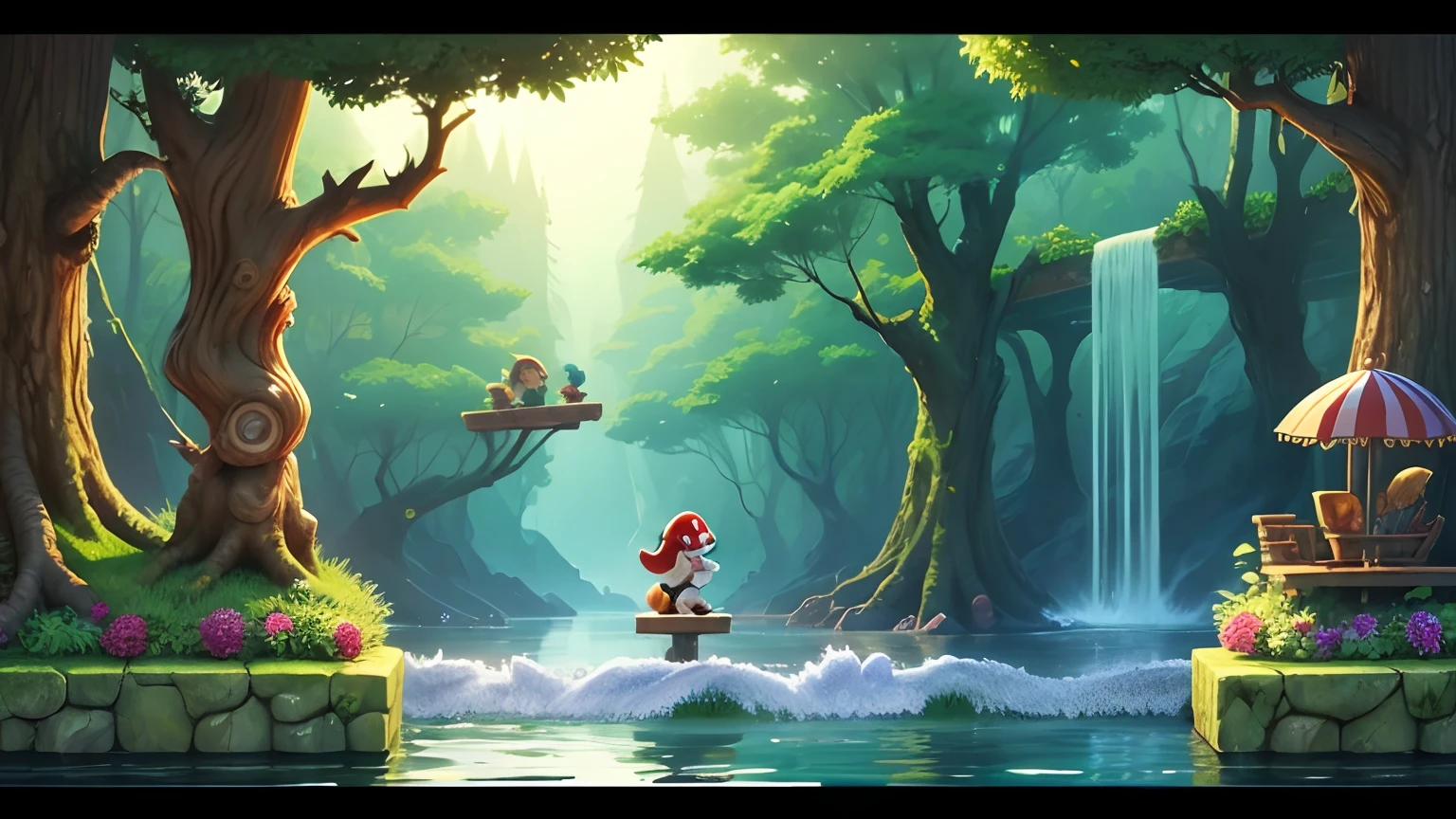 A platform game with water and woods, sonic, Mario, contra,