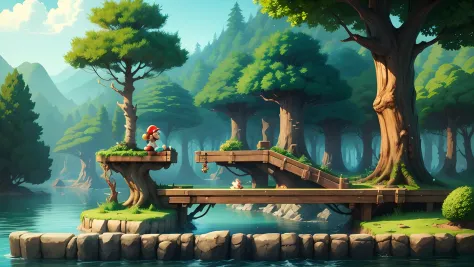 A platform game with water and woods, sonic, Mario, contra,