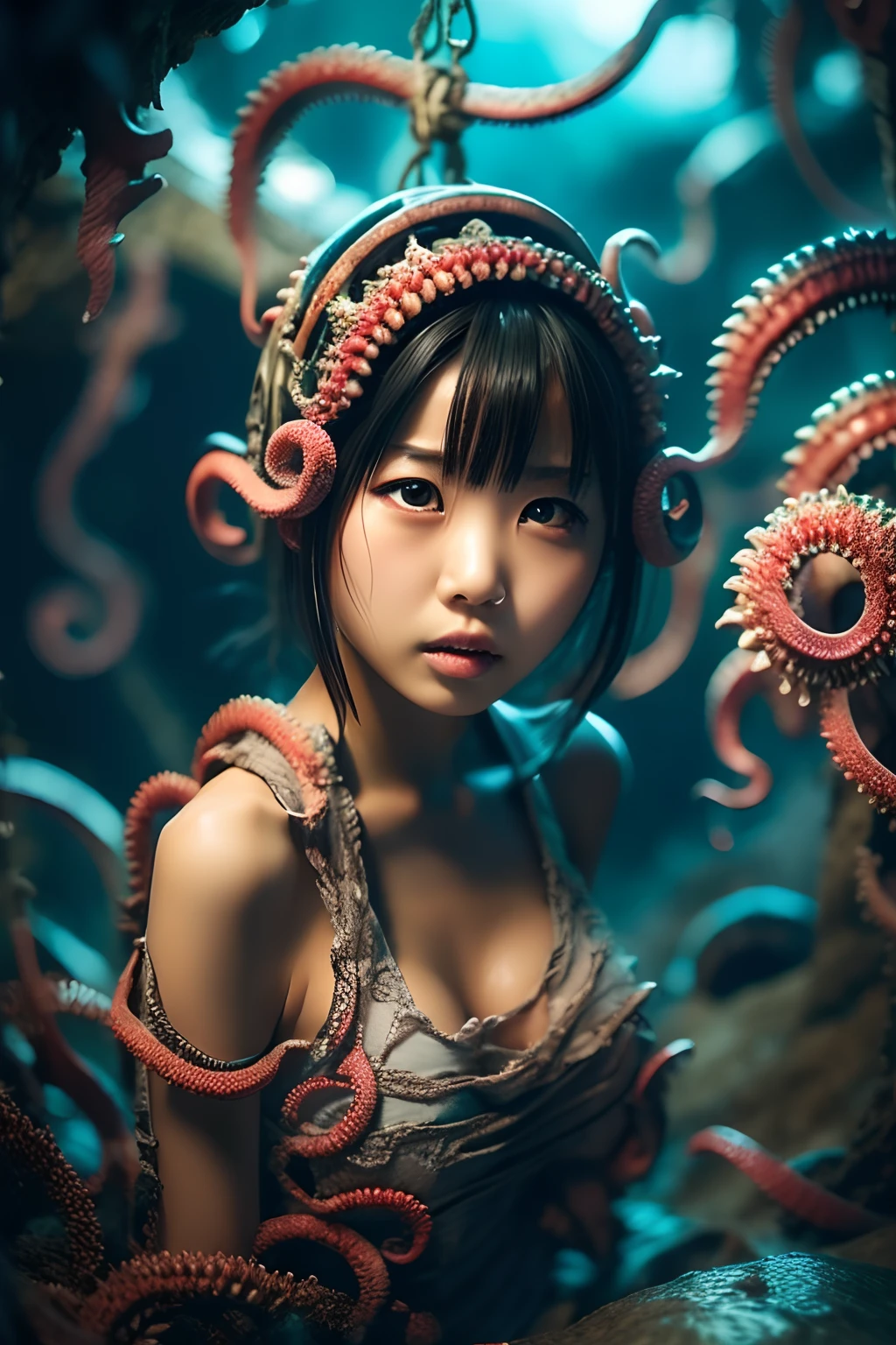 1 Japan Girl Tentacle Sex, (Many alien tentacles:1.2), torn, Dress, Too much, Tears, srestrained, (Multiple inserts:1.2), Short hair, busty, (Suspended by tentacles:1.3), Crying, aggression, inside a cave, Pretty Eyes, amazing image, Bokeh, Tasteful, depth of fields, Detailed textures,