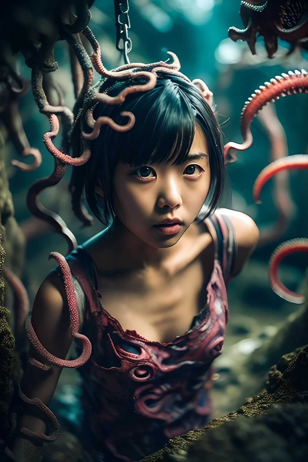 1 Japan Girl Tentacle Sex, (Many alien tentacles:1.2), torn, Dress, Too much, Tears, srestrained, (Multiple inserts:1.2), Short hair, busty, (Suspended by tentacles:1.3), Crying, aggression, inside a cave, Pretty Eyes, amazing image, Bokeh, Tasteful, depth of fields, Detailed textures,