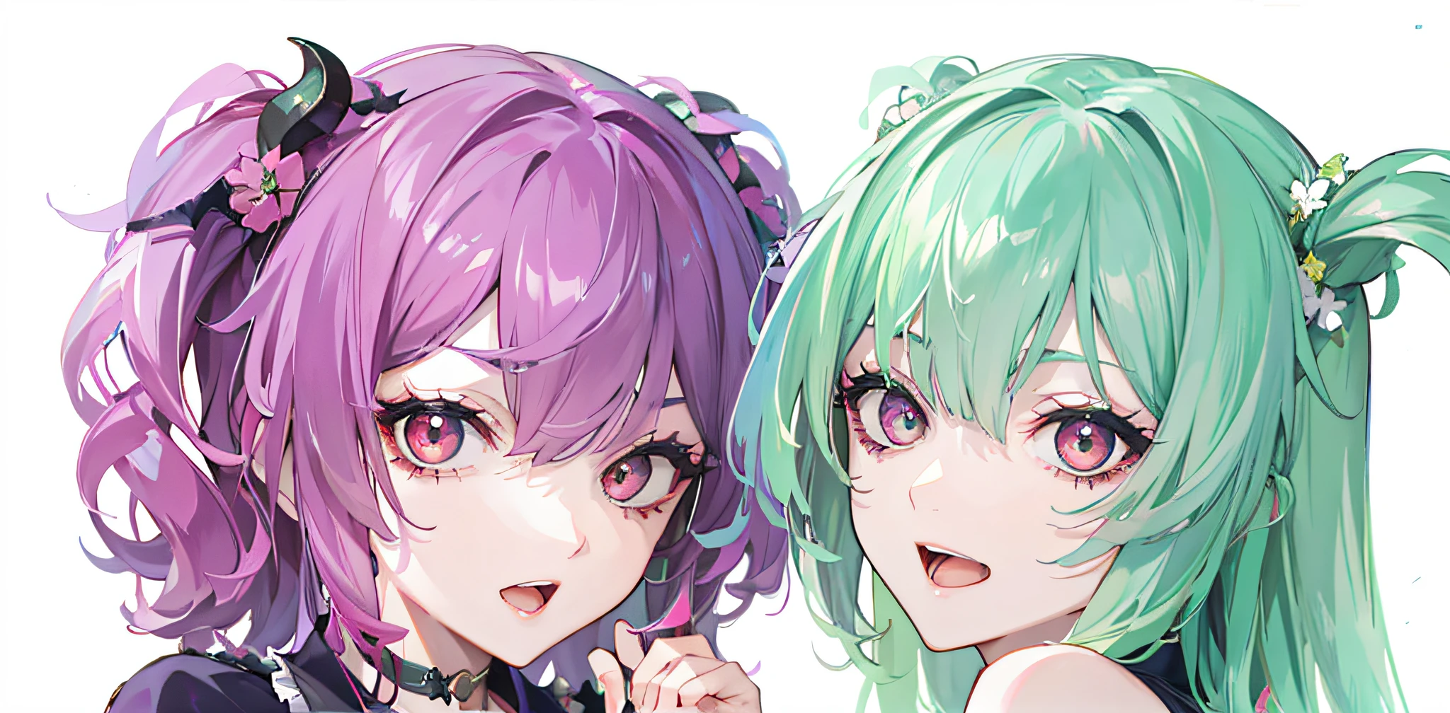 Anime characters with long hair and green and purple hair - SeaArt AI