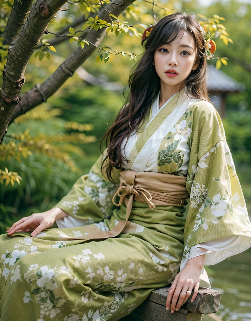 (Beautiful model in Japanese kimono commercial), (solo), ((face is 70% beauty and elegance, 30% pretty and cute:1.5)), (Her roots are in Eastern Europe and Asia), clear eyes, (detailed eyes, light green eyes, bright pupils), Double Eyelids, (sexy lips with a little thickness:1.2), super detailed and incredibly high resolution Kimono, Highly Detailed Face Texture, striking body shape, curvy and very attractive woman, The color of the kimono is 60% white and 30% macha-green and black 10%, high-resolution RAW color photo pro photo, BREAK ultra high-resolution textures, High-res body rendering, big eyes, unparalleled masterpiece, incredible high resolution, super detailed, stunning ceramic skin, BREAK (Wearing a white kimono with plenty of bright matcha green color), (The main color is gentle white, the bright matcha green stands out, and black is used as an accent), (elaborately made classical Japanese white kimono), ((The pattern is boldly, bravely, and elegantly dyed with bright matcha green, and is delicately accented)), (A black obi that matches this kimono), ((A white kimono with delicate and elegant patterns in bright matcha green)), (The background is a dry landscape created with bright matcha green and black) BREAK ((Best Quality, 8k)), Crisp Focus:1.2, (Layer Cut, Big:1.2), (Beautiful Woman with Perfect Figure:1.4), (Beautifully shaped and big breasts:1.3), Slender waist, (Correct hand shape:1.5), (Full body shot | cowboy shot | back view)