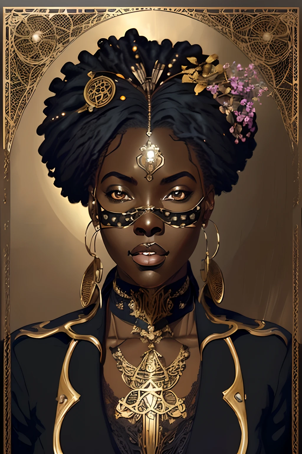 新藝術風格的非洲黑人女性的數位插圖, 蒸氣龐克, 日本卡通, 漂亮的臉, 大規模, 真實比例, 非常詳細, 光滑的, 銳利的焦點, 8K, 光線追蹤, 數位繪畫, 概念藝術插圖, 通過 藝術傑姆, ArtStation 上的熱門話題, 索尼A1