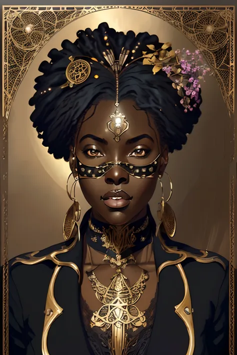 a digital illustration of black african woman in the style of Art Nouveau, steampunk, anime, pretty face, large scale, realistic...