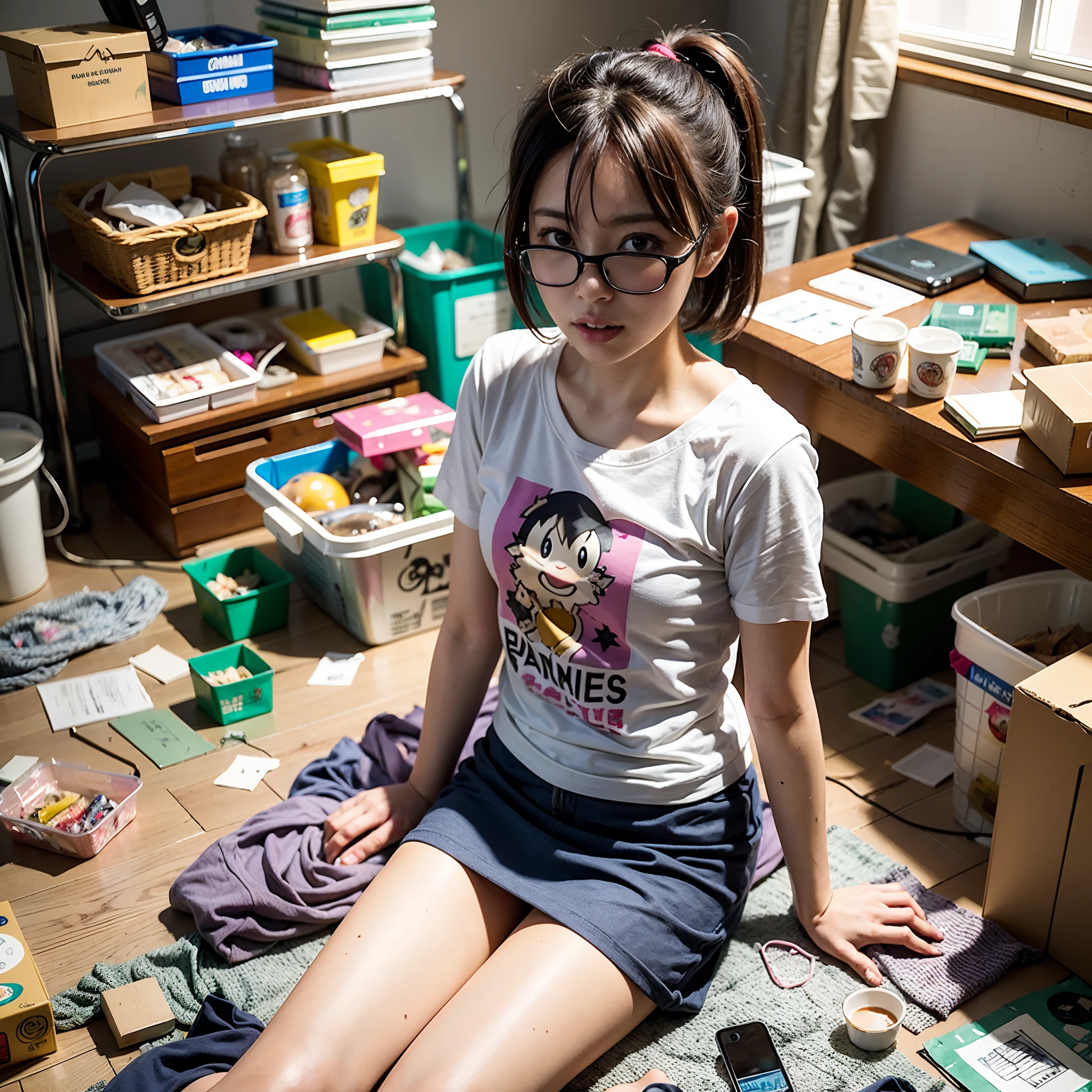 (8k、Raw photography、Top image quality、​masterpiece、:1.2)、(realisitic、Photorealsitic:1.37)、1 girl、solo、(Sitting on the garbage in an incredibly dirty room、Cute Japan girl operating smartphone:1.4)、Anime Otaku Girls、A darK-haired、short-hair、dishevled hair、Unkempt hair、bangss、Happy expression on face、Small bust、Wearing glasses、Anime Character Print T-Shirt、a miniskirt、head phone、Sitting on the floor、Agra、Room full of garbage、Garbage with rolled tissue、Surrounded by mountains of cartoons、Lots of anime character figures are on display.、Anime poster on the wall、Potato chips on the desk、Spilled potato chips、Roll Energy Drink、Scattering of food waste、Messy room、Underwear left undressed on the floor、超A high resolution、physically-based renderingt、cinematlic lighting、dynamic ungle