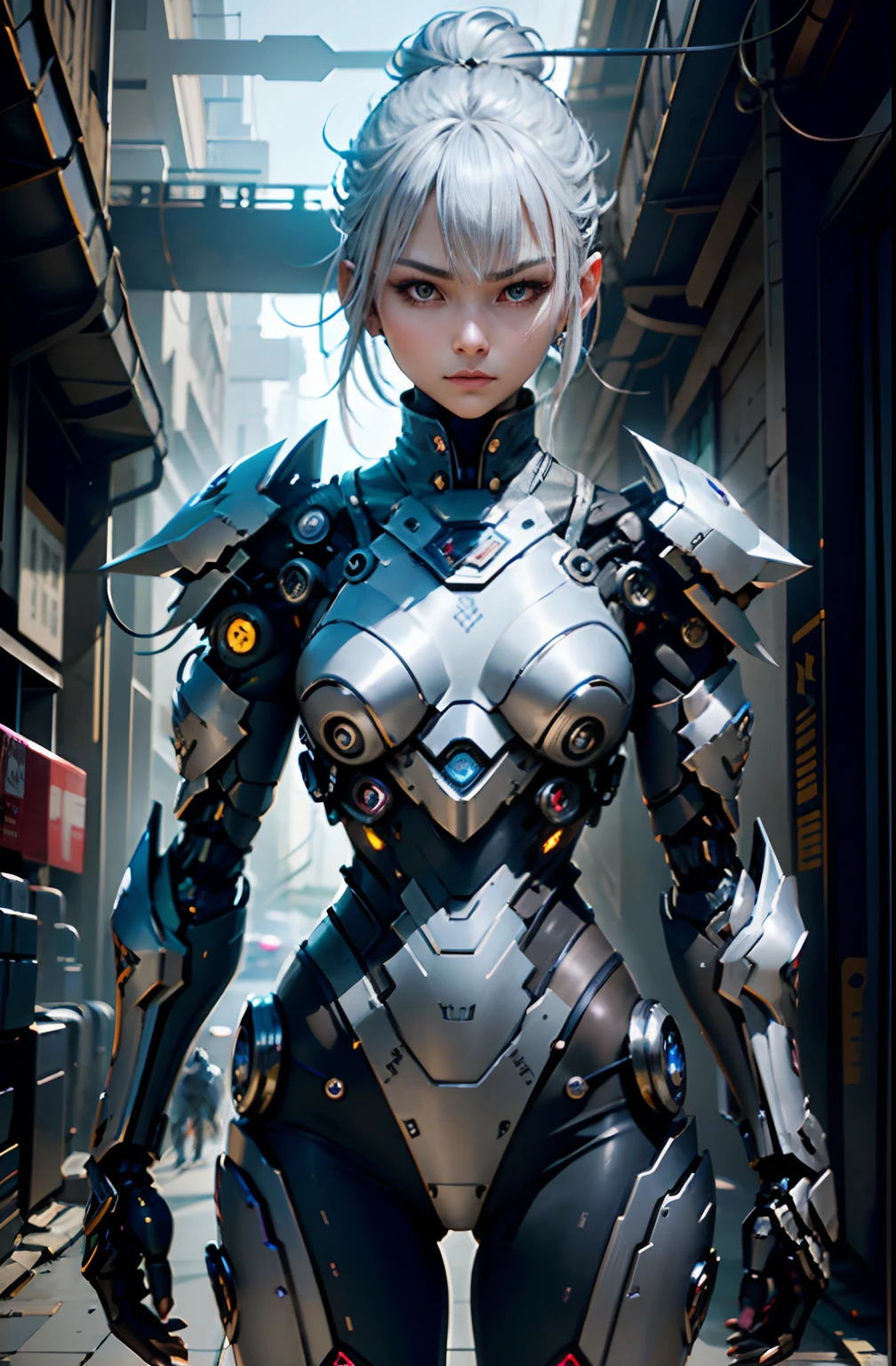 Fantasy、Silver hair color、Ultra short hairstyle、cyberpunked、(Double Sword、Scorpion Cyborg Woman、Das Veilchen:1.1)、1 woman、Mechanical technology、Robot Presence、Ninja-like fighting stance、Cybernetic Guardian、