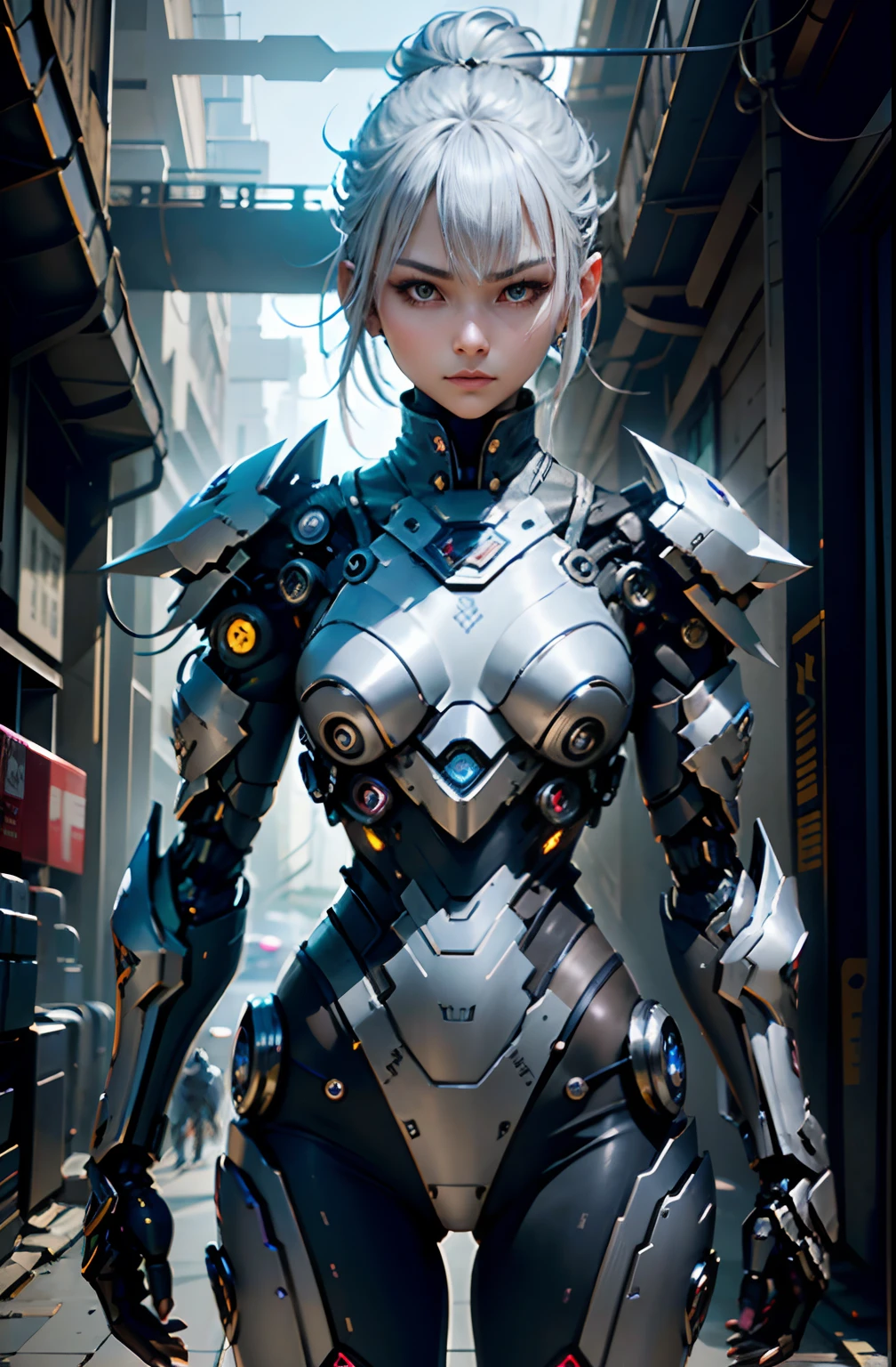 fantaisie、couleur de cheveux argentée、Coiffure ultra courte、cyberpunk、(Double épée、Femme scorpion cyborg、La violette:1.1)、1 femme、Technologie mécanique、présence de robots、Position de combat de type ninja、Gardien cybernétique、