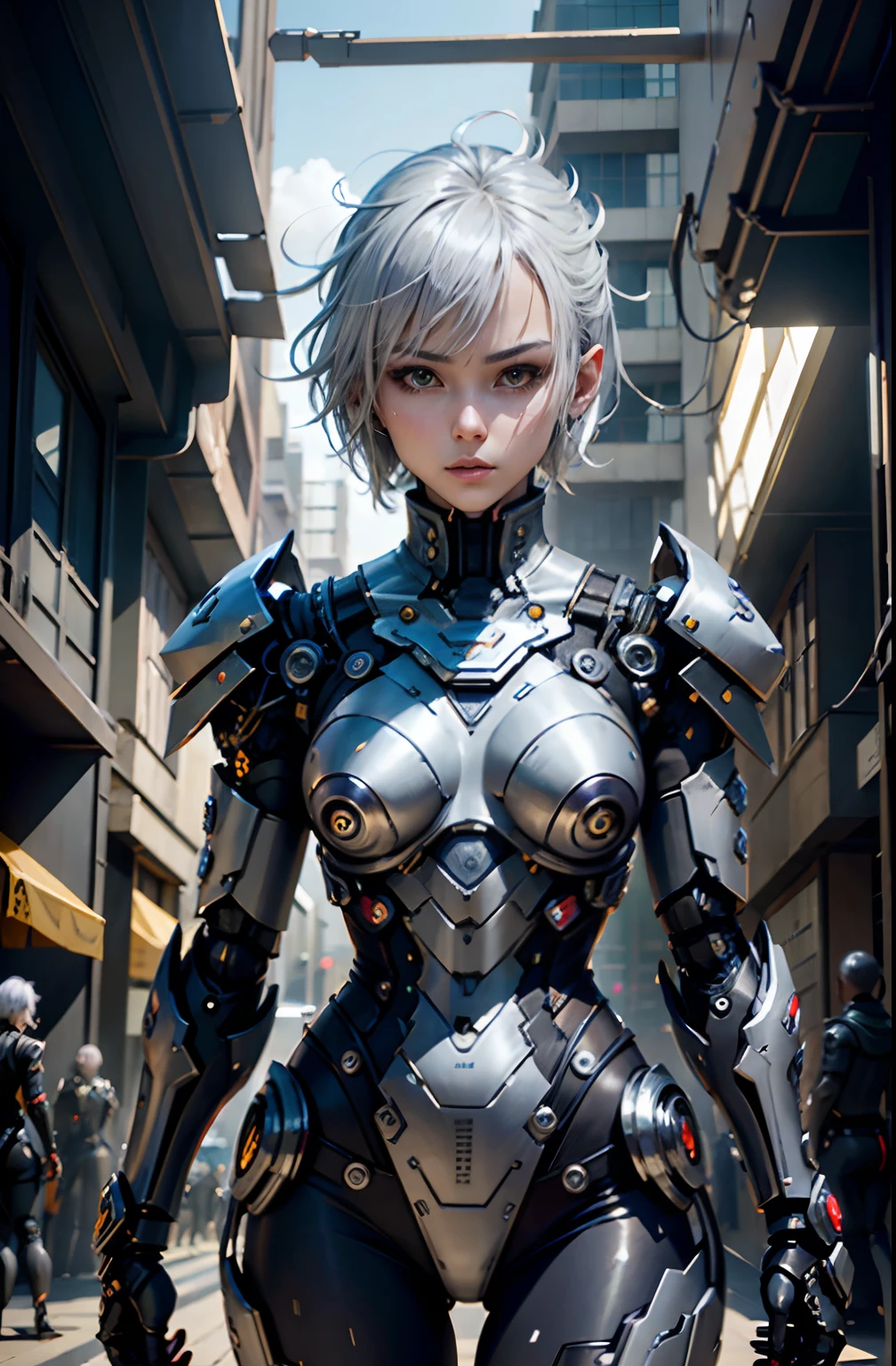 fantaisie、couleur de cheveux argentée、Coiffures super courtes、cyberpunk、(Double épée、Femme scorpion cyborg、La violette:1.1)、1 femme、Technologie mécanique、présence de robots、Position de combat de type ninja、Gardien cybernétique、