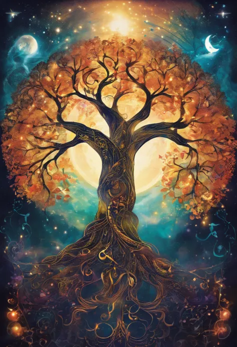 tree of life,witch casting,mystical spells,glowing,enchanted forest,moonlit night,strong magic,ancient wisdom,magical creatures,sacred rituals,ethereal beauty,spiritual connection,deep enchantment,supernatural powers,mysterious energies,moon goddess,elemen...
