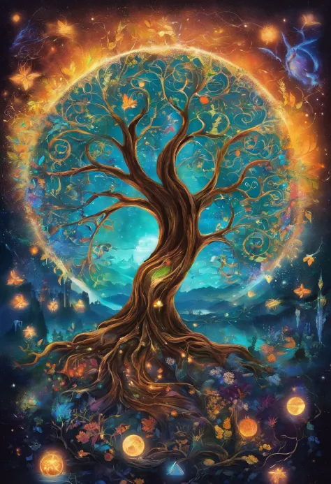 tree of life,witch casting,mystical spells,glowing,enchanted forest,moonlit night,strong magic,ancient wisdom,magical creatures,sacred rituals,ethereal beauty,spiritual connection,deep enchantment,supernatural powers,mysterious energies,moon goddess,elemen...