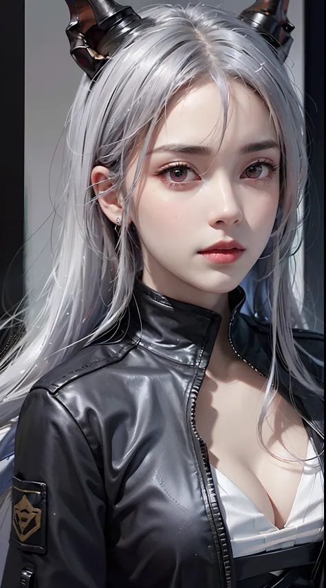 photorealistic, high resolution, soft lights, 1women, solo, hips up, look at viewer, (detailed face), red eyes, white hair, long hair, detailed eyes, (origen:1.4), ch'en \(arknights\), black shorts, red eyes, solo, (fashi-girl:1.0), realistic, makeup, offi...