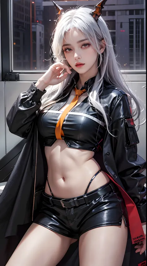 photorealistic, high resolution, soft lights, 1women, solo, hips up, look at viewer, (detailed face), red eyes, white hair, long hair, detailed eyes, (origen:1.4), ch'en \(arknights\), black shorts, red eyes, solo, (fashi-girl:1.0), realistic, makeup, offi...